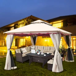 Tangkula 13x10 Feet Patio Steel Gazebo, Large Outdoor Canopy Gazebo with Netting, Side Walls, Zippers, 2 Tier Roof, Steel Canopy Gazebo