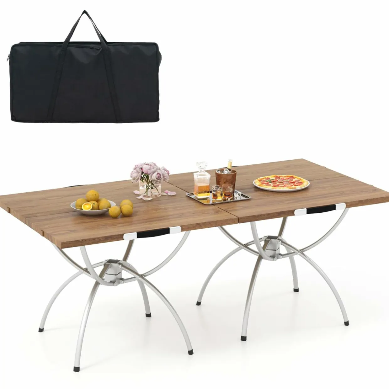 Tangkula 24"x24" Folding Camping Table Set of 2, Extendable Lightweight Camp Table with Wood-Grain Tabletop