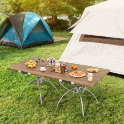 Tangkula 24"x24" Folding Camping Table Set of 2, Extendable Lightweight Camp Table with Wood-Grain Tabletop