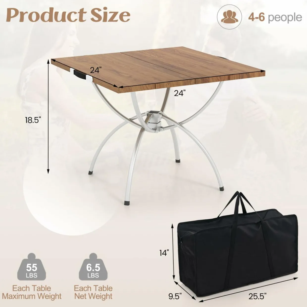 Tangkula 24"x24" Folding Camping Table Set of 2, Extendable Lightweight Camp Table with Wood-Grain Tabletop