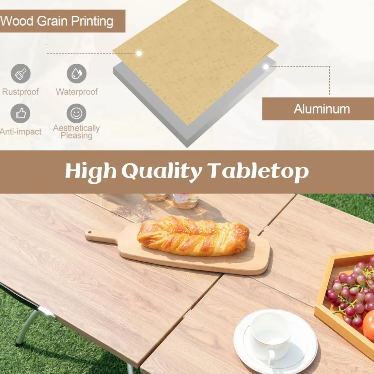 Tangkula 24"x24" Folding Camping Table Set of 2, Extendable Lightweight Camp Table with Wood-Grain Tabletop
