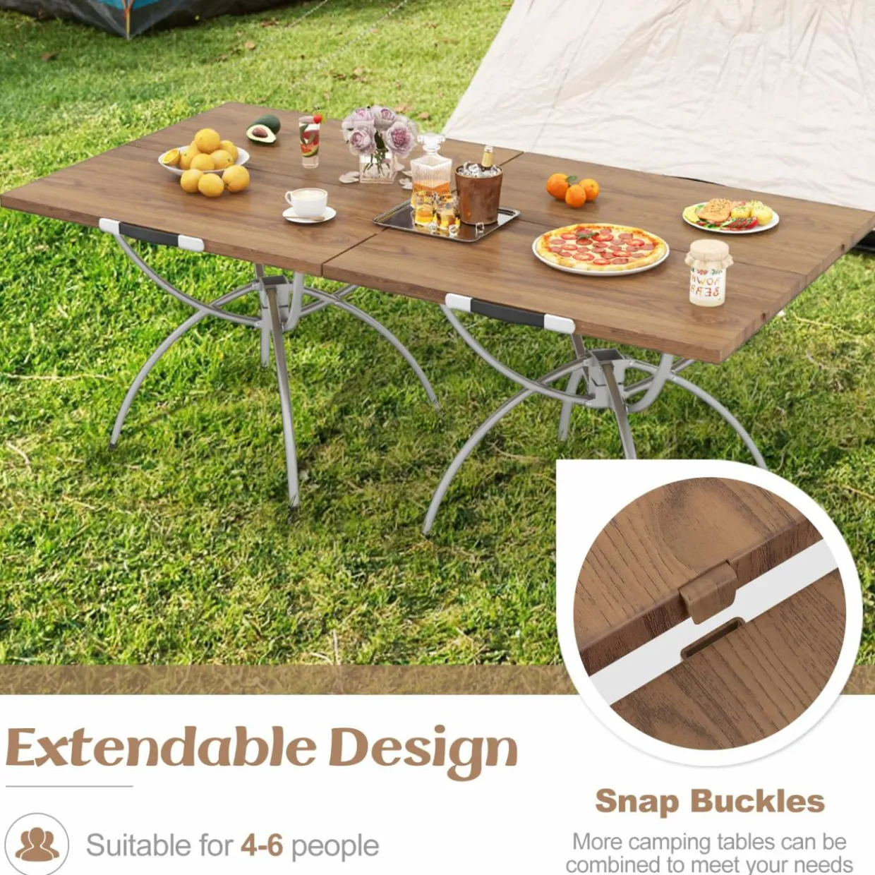 Tangkula 24"x24" Folding Camping Table Set of 2, Extendable Lightweight Camp Table with Wood-Grain Tabletop