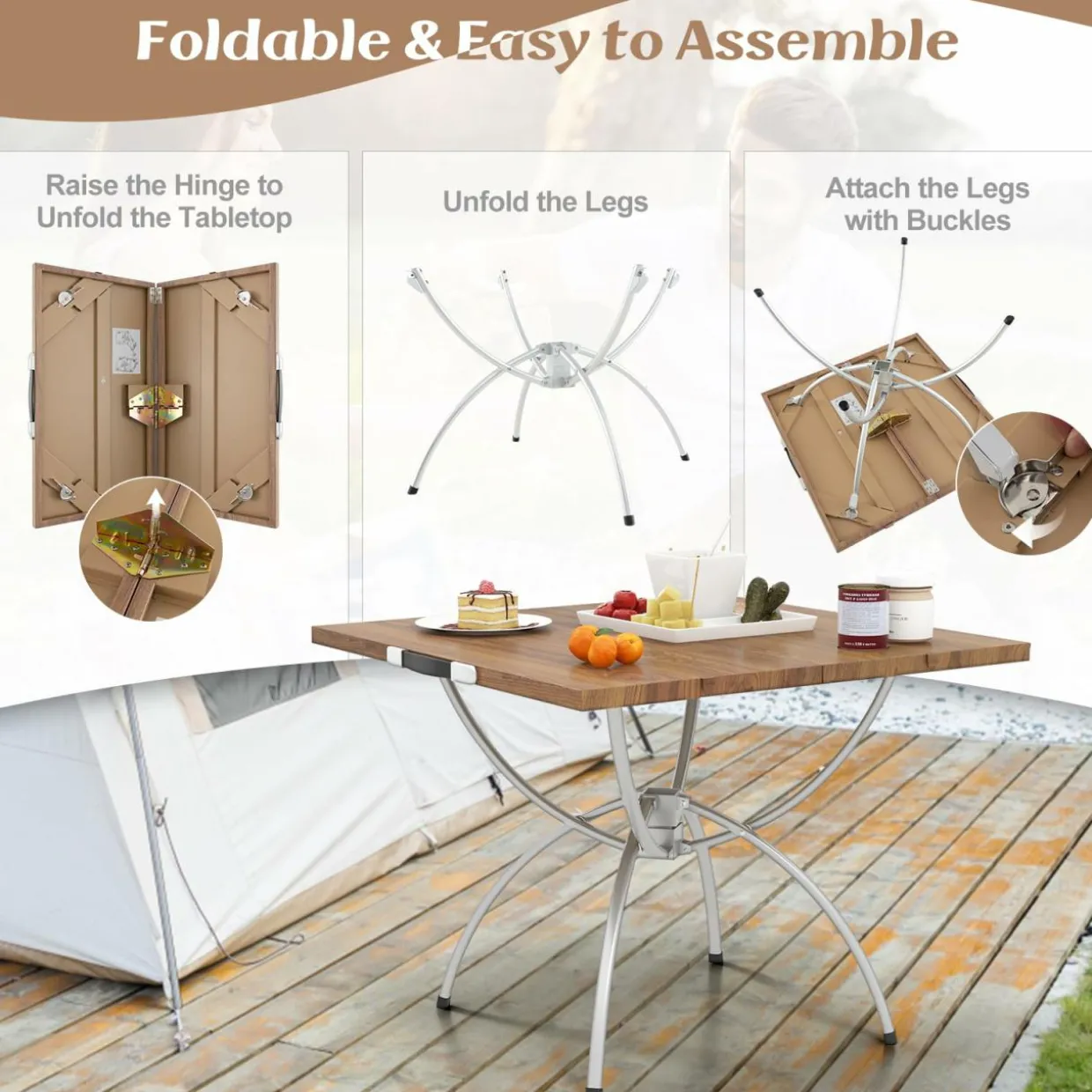 Tangkula 24"x24" Folding Camping Table Set of 2, Extendable Lightweight Camp Table with Wood-Grain Tabletop