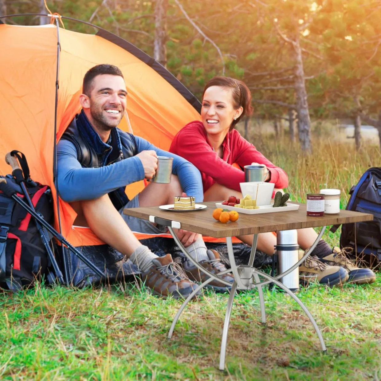 Tangkula 24"x24" Folding Camping Table Set of 2, Extendable Lightweight Camp Table with Wood-Grain Tabletop
