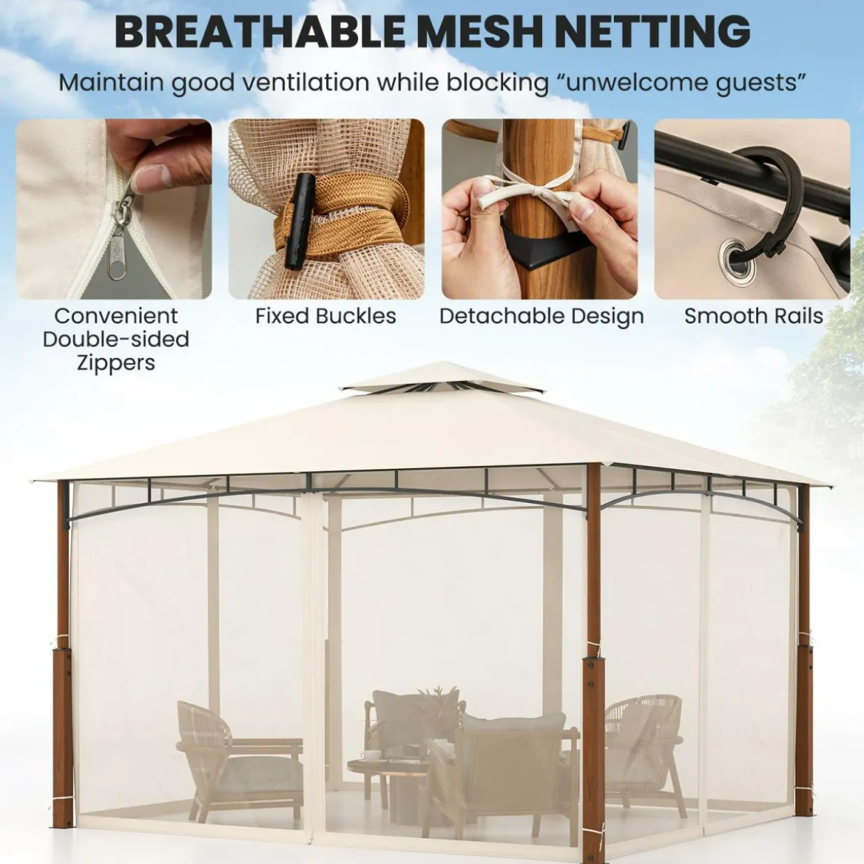 Tangkula 10x12 Ft Gazebo with Netting, 2-Tier Patio Gazebo with Heavy Duty Metal Frame