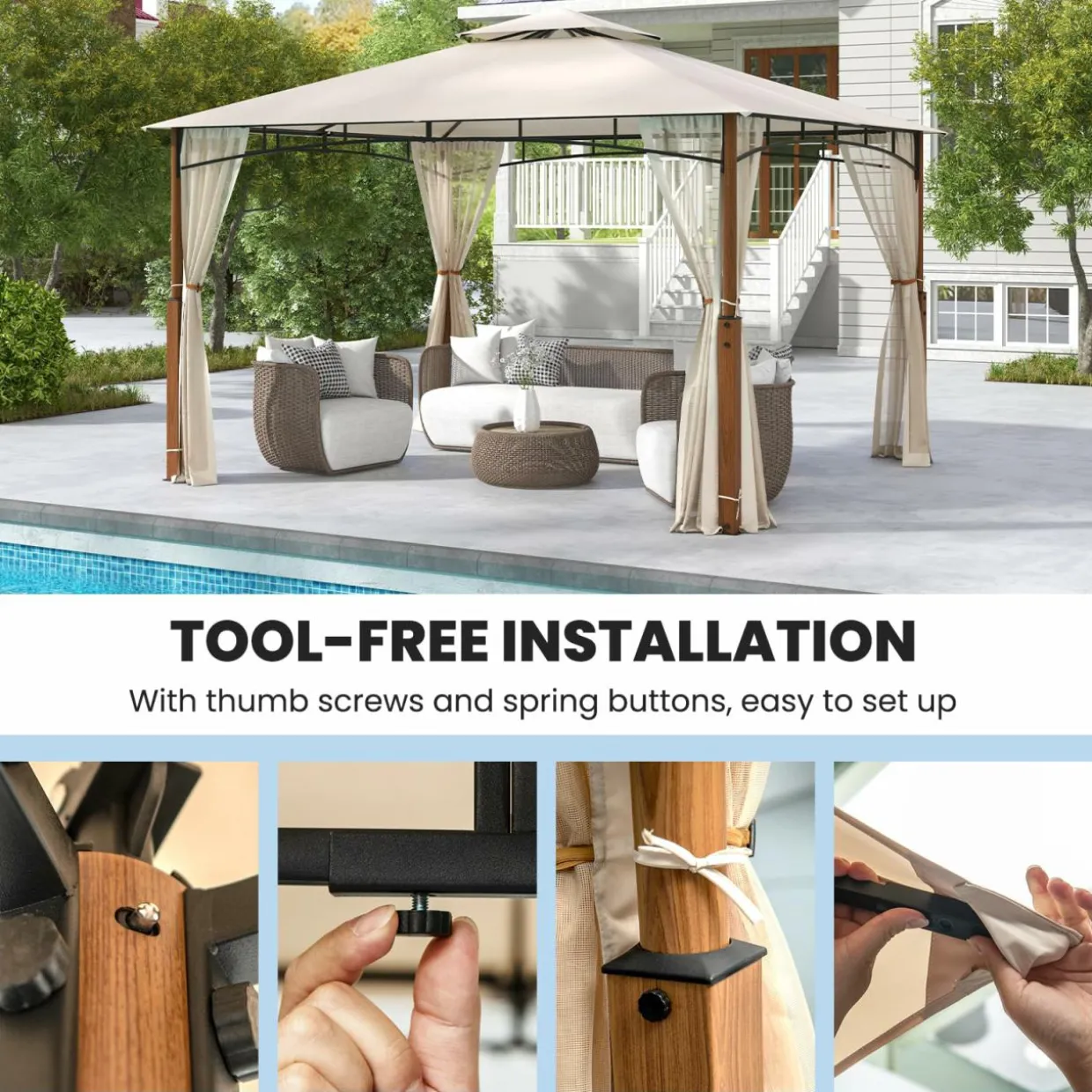 Tangkula 10x12 Ft Gazebo with Netting, 2-Tier Patio Gazebo with Heavy Duty Metal Frame