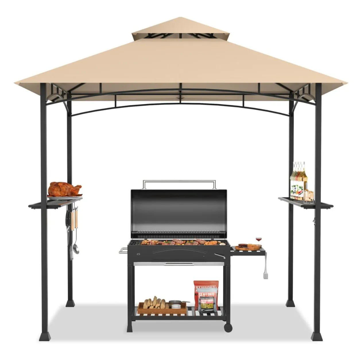 Tangkula 8x5 Ft Grill Gazebo, Double Tiered Outdoor BBQ Gazebo with 2 Side Shelves, 5 Hooks