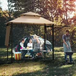 Tangkula 13.5x4 Ft Grill Gazebo with Dual Side Awnings, Double Tier BBQ Gazebo with 2 Side Shelves