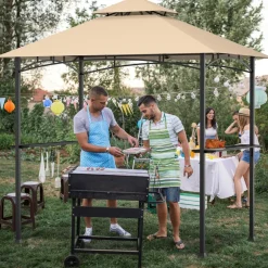 Tangkula 8x5 Ft Grill Gazebo, Double Tiered Outdoor BBQ Gazebo with 2 Side Shelves, 5 Hooks