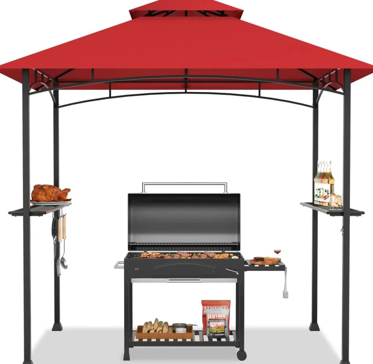 Tangkula 8x5 Ft Grill Gazebo, Double Tiered Outdoor BBQ Gazebo with 2 Side Shelves, 5 Hooks