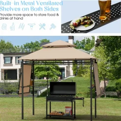 Tangkula 13.5x4 Ft Grill Gazebo with Dual Side Awnings, Double Tier BBQ Gazebo with 2 Side Shelves