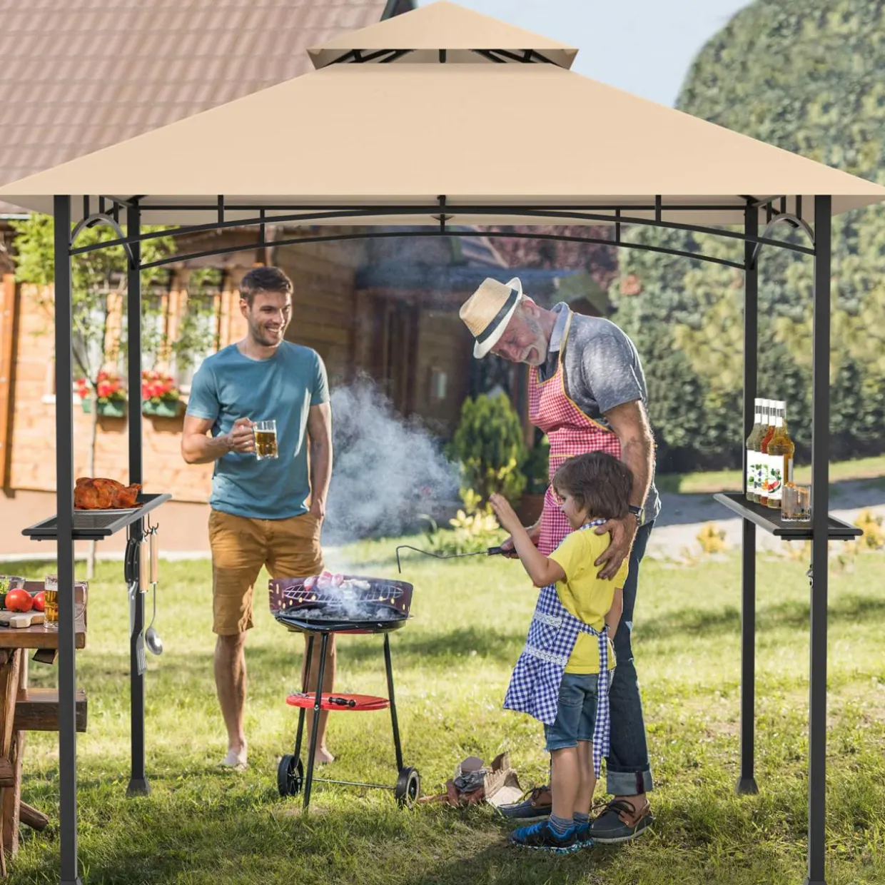 Tangkula 8x5 Ft Grill Gazebo, Double Tiered Outdoor BBQ Gazebo with 2 Side Shelves, 5 Hooks