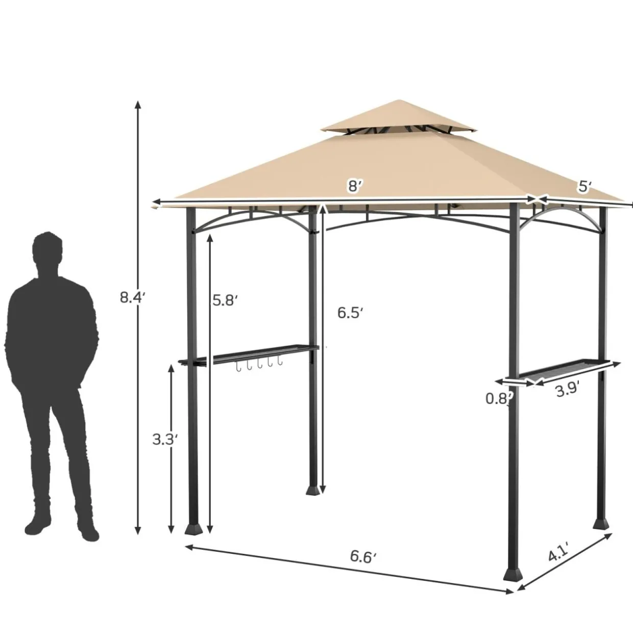 Tangkula 8x5 Ft Grill Gazebo, Double Tiered Outdoor BBQ Gazebo with 2 Side Shelves, 5 Hooks