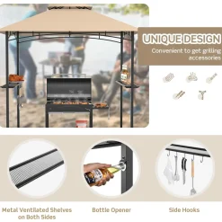 Tangkula 8x5 Ft Grill Gazebo, Double Tiered Outdoor BBQ Gazebo with 2 Side Shelves, 5 Hooks