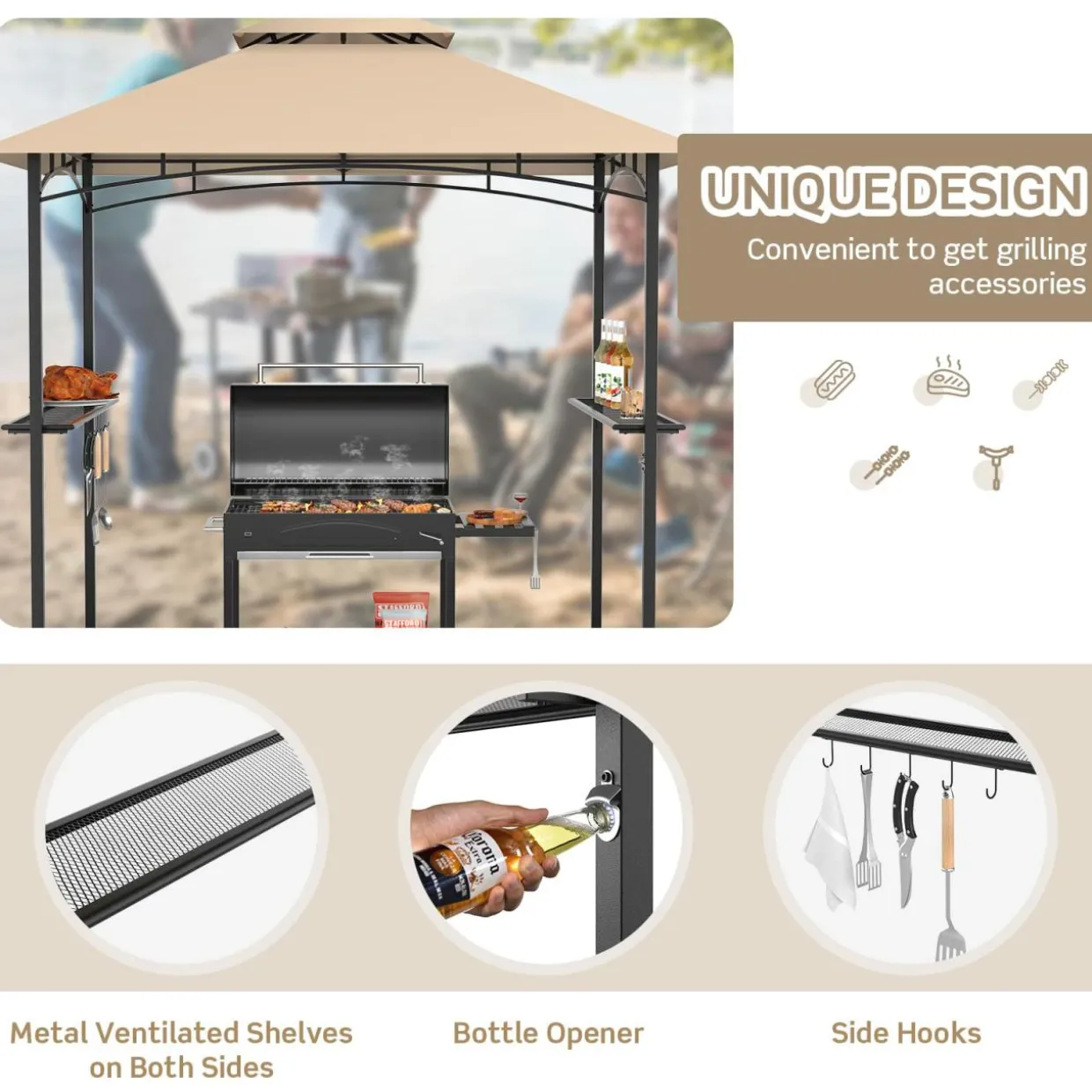 Tangkula 8x5 Ft Grill Gazebo, Double Tiered Outdoor BBQ Gazebo with 2 Side Shelves, 5 Hooks