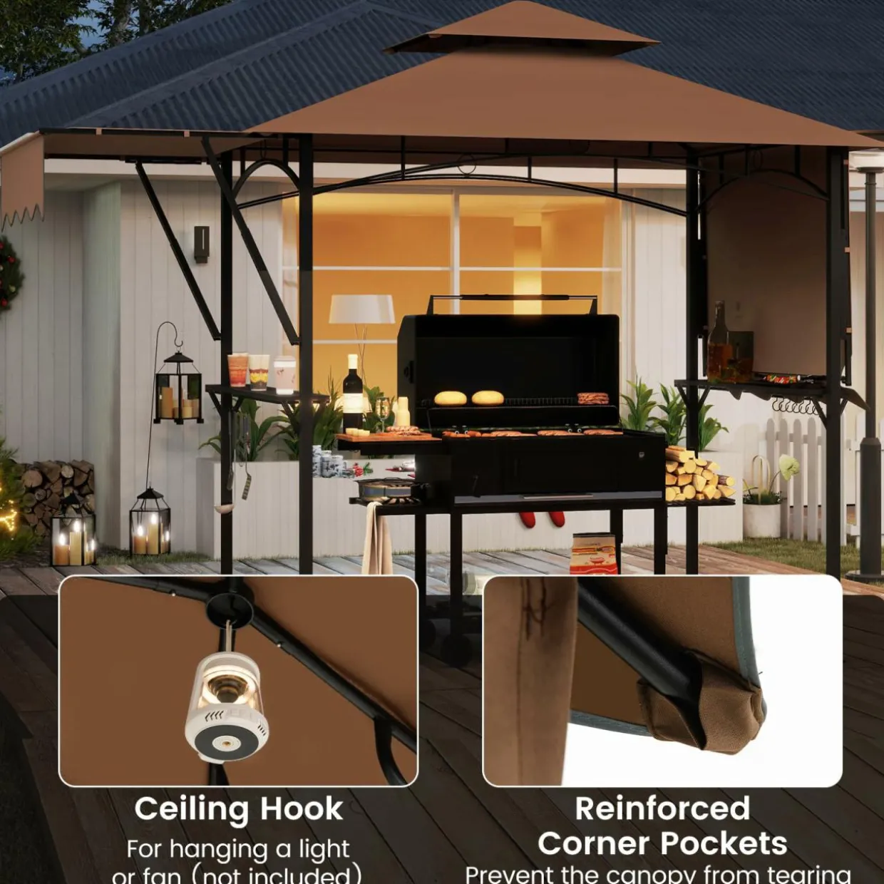 Tangkula 13x5 Ft Grill Gazebo with Dual Side Awnings, 2-Tier Barbecue Gazebo with 2 Shelves