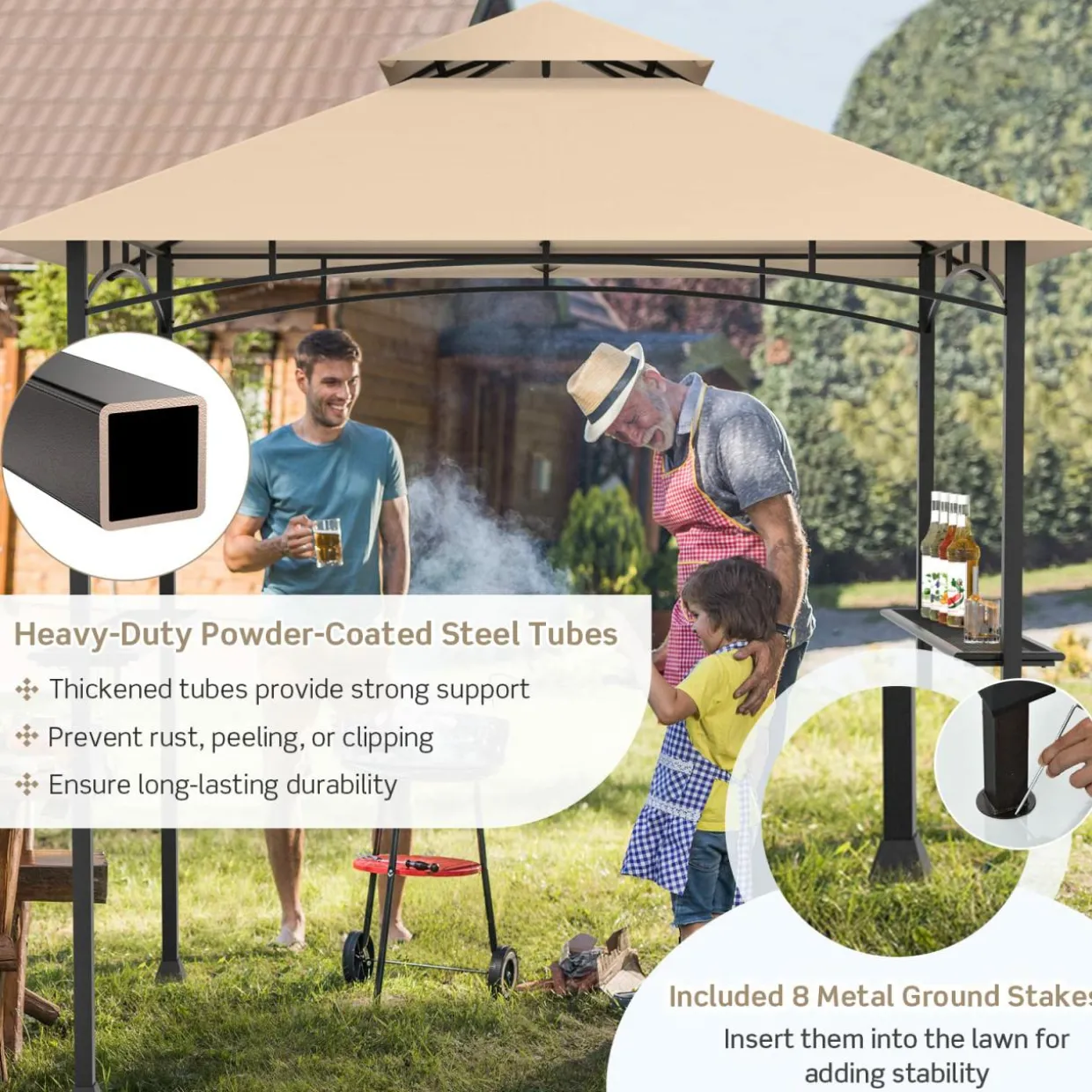 Tangkula 8x5 Ft Grill Gazebo, Double Tiered Outdoor BBQ Gazebo with 2 Side Shelves, 5 Hooks