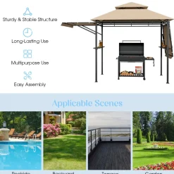 Tangkula 13.5x4 Ft Grill Gazebo with Dual Side Awnings, Double Tier BBQ Gazebo with 2 Side Shelves