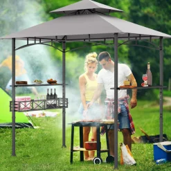 Tangkula 8x5 Ft Grill Gazebo, 2-Tier Barbecue Gazebo with 2 Shelves, 10 Hanging Hooks, Bottle Opener & Storage Basket