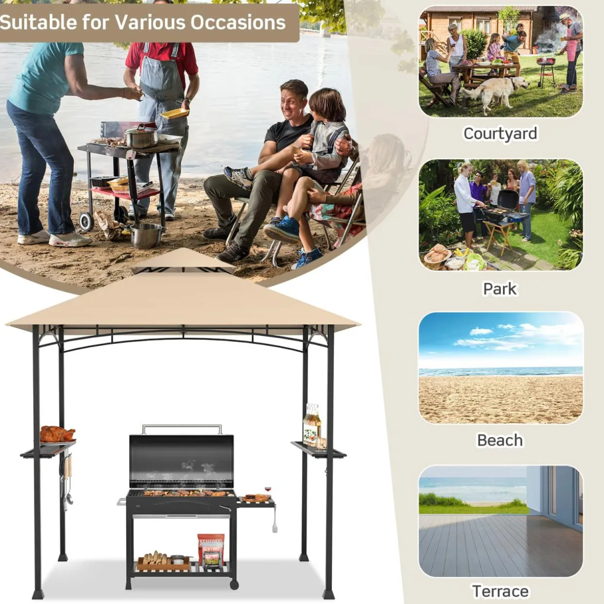 Tangkula 8x5 Ft Grill Gazebo, Double Tiered Outdoor BBQ Gazebo with 2 Side Shelves, 5 Hooks