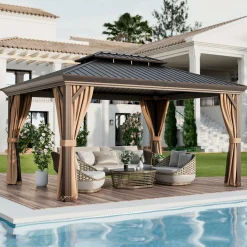 Tangkula 12x16 Ft Hardtop Gazebo, Double-Roof Patio Gazebo with Galvanized Steel Roof, Permanent Pavilion Gazebo