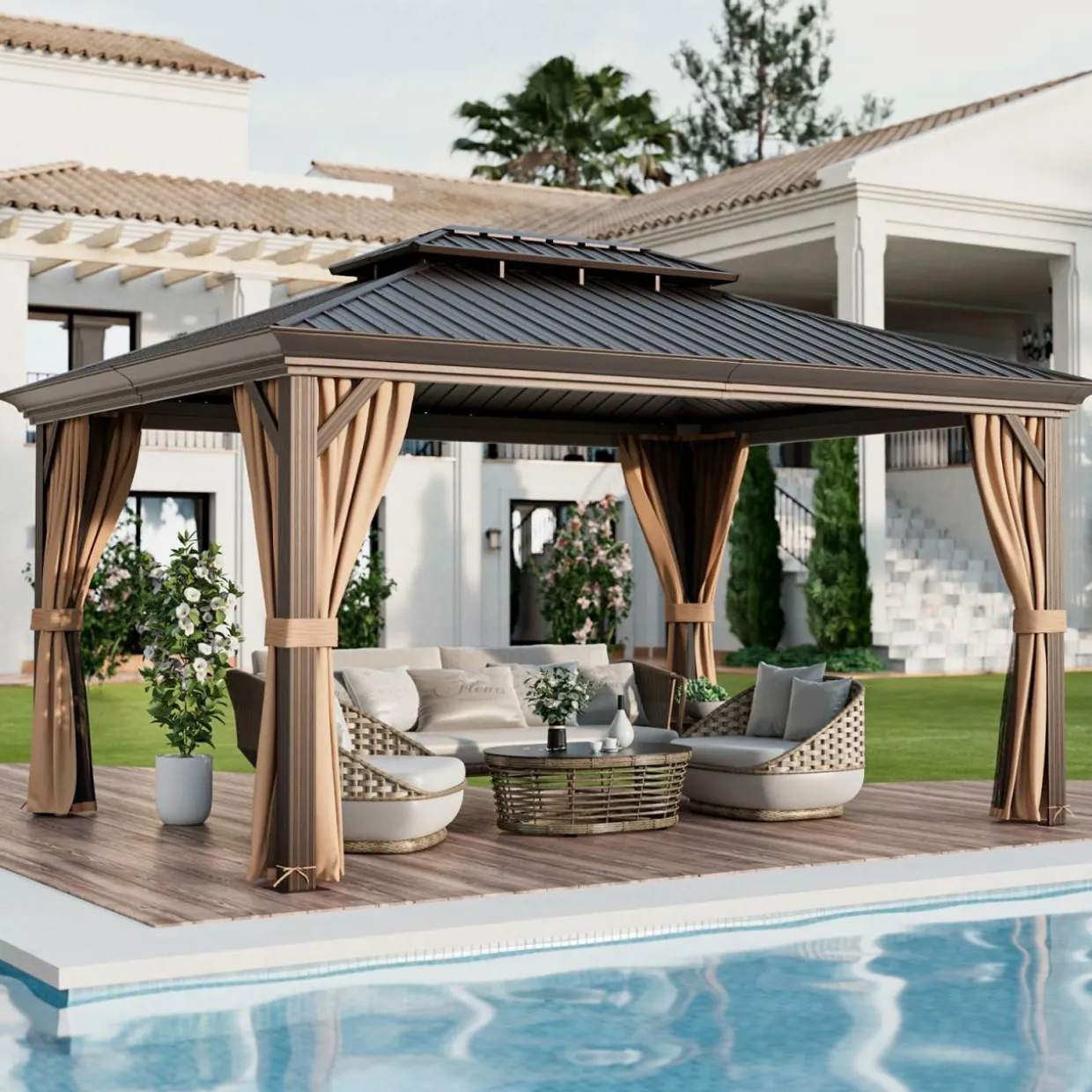 Tangkula 12x16 Ft Hardtop Gazebo, Double-Roof Patio Gazebo with Galvanized Steel Roof, Permanent Pavilion Gazebo