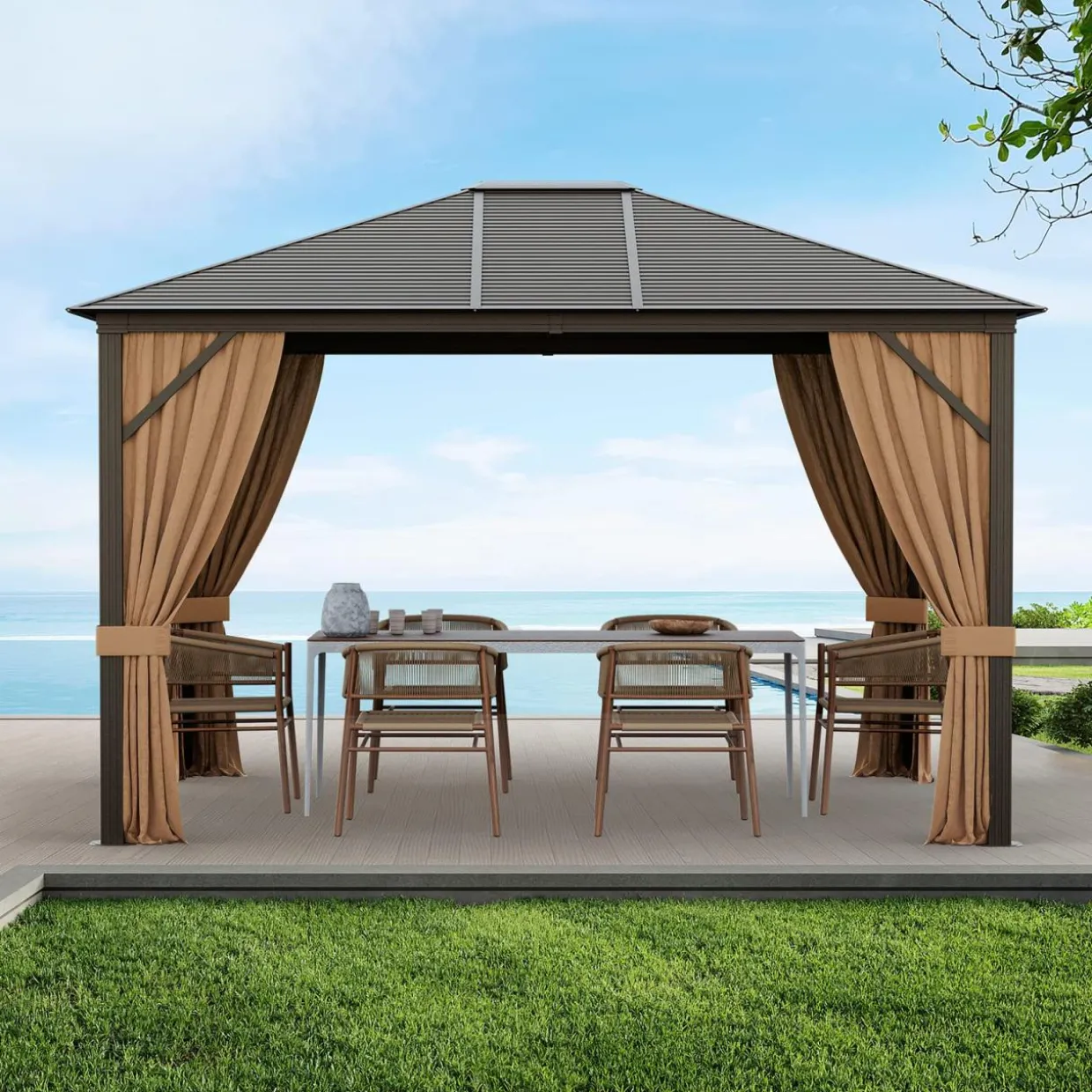Tangkula 12x10 Ft Hardtop Gazebo, Double-Top Outdoor Gazebo with Galvanized Steel Top