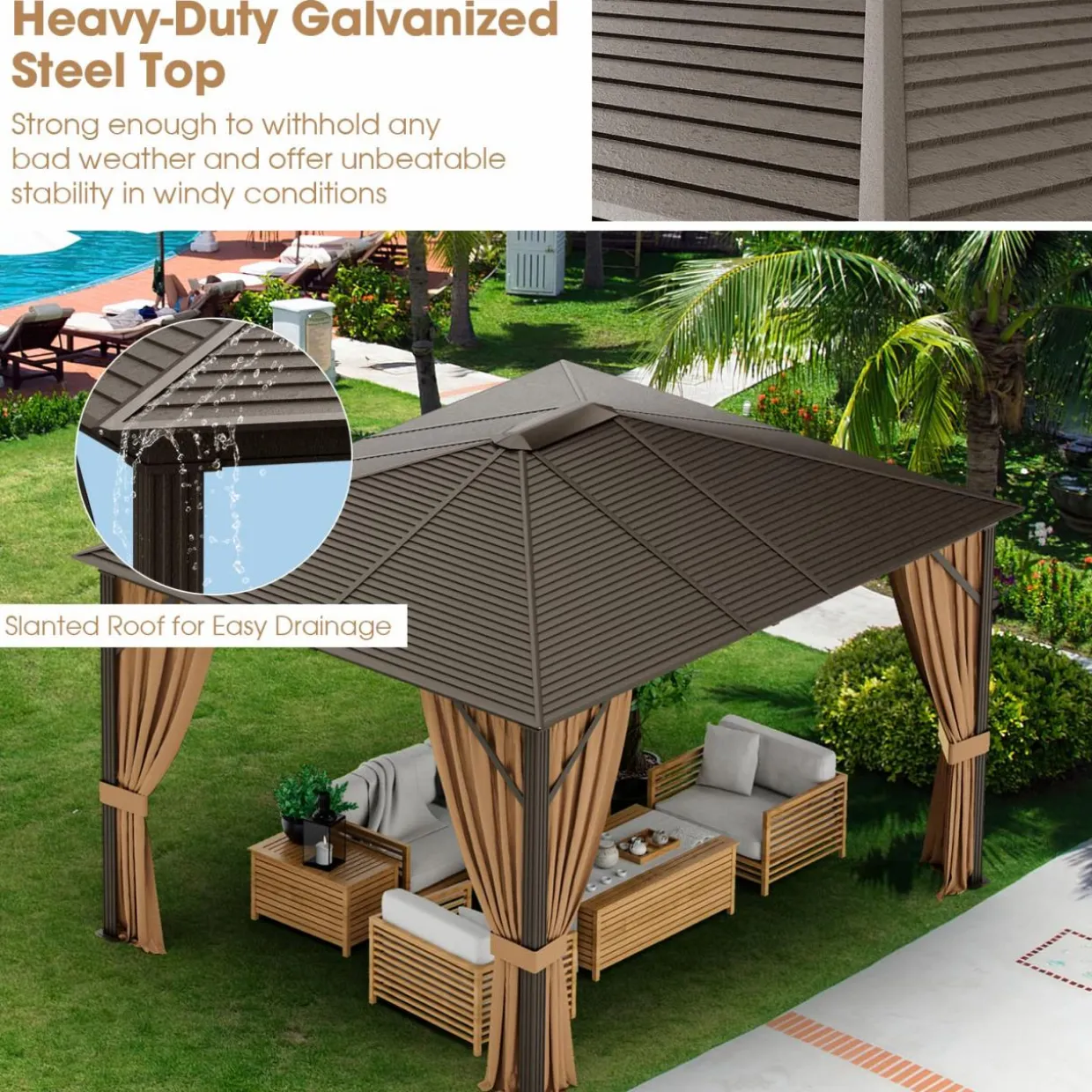 Tangkula 12x10 Ft Hardtop Gazebo, Double-Top Outdoor Gazebo with Galvanized Steel Top