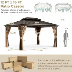 Tangkula 12x16 Ft Hardtop Gazebo, Double-Roof Patio Gazebo with Galvanized Steel Roof, Permanent Pavilion Gazebo