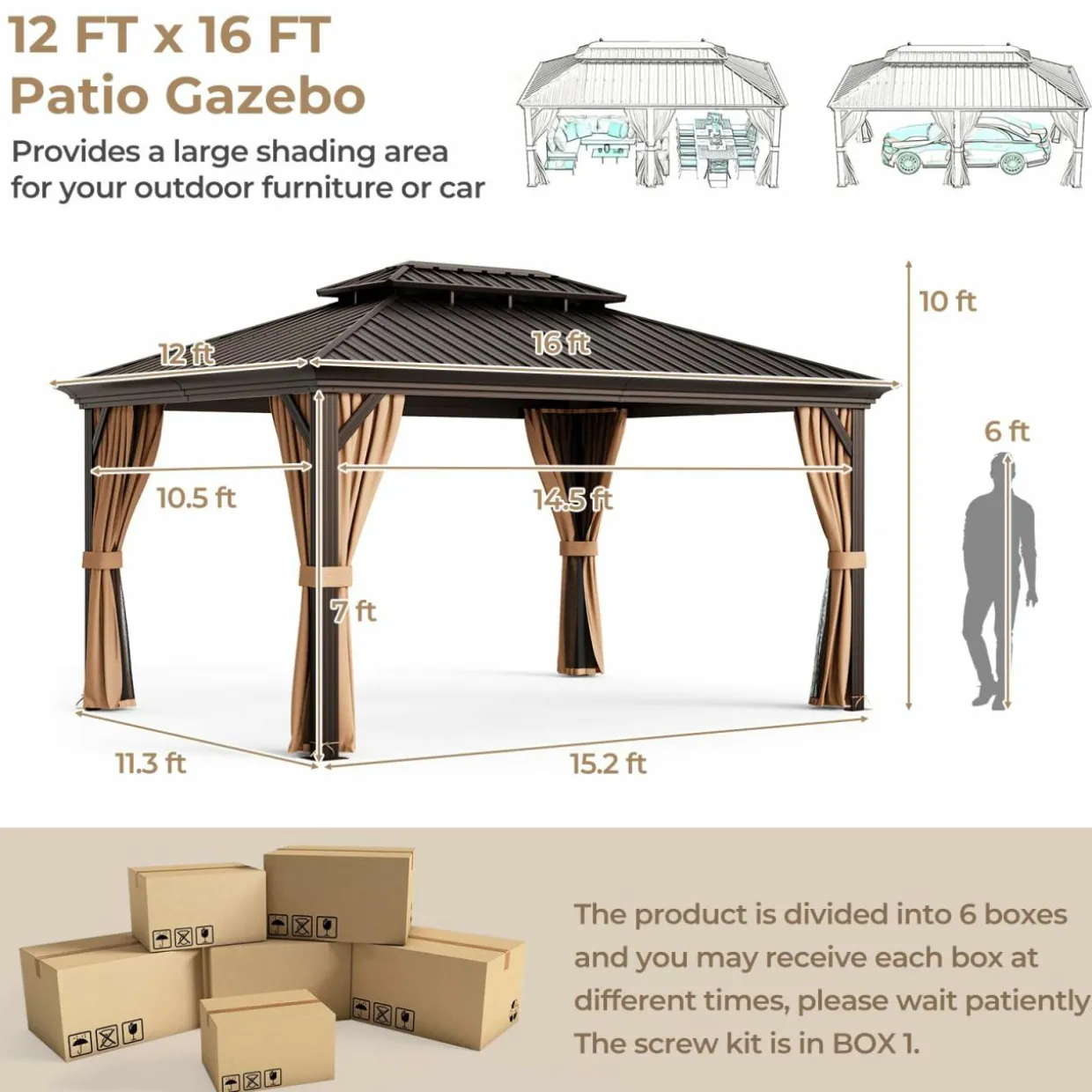 Tangkula 12x16 Ft Hardtop Gazebo, Double-Roof Patio Gazebo with Galvanized Steel Roof, Permanent Pavilion Gazebo