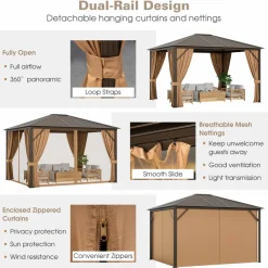 Tangkula 12x10 Ft Hardtop Gazebo, Double-Top Outdoor Gazebo with Galvanized Steel Top