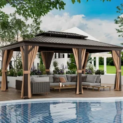 Tangkula 12x16 Ft Hardtop Gazebo, Double-Roof Patio Gazebo with Galvanized Steel Roof, Permanent Pavilion Gazebo