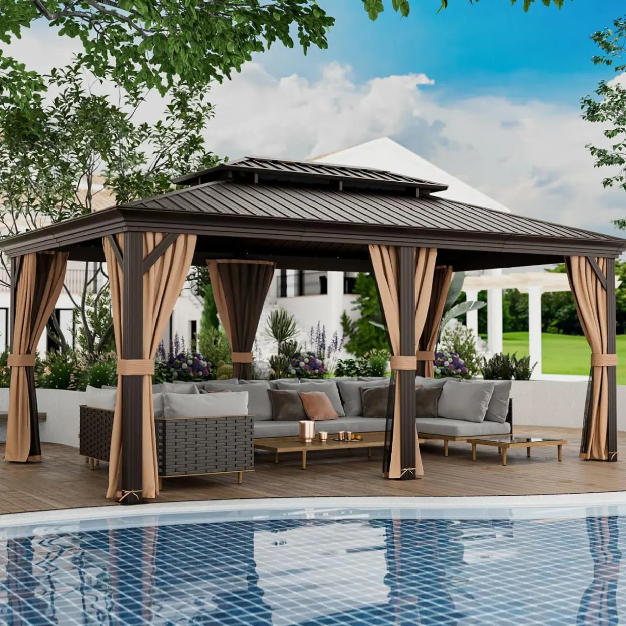 Tangkula 12x16 Ft Hardtop Gazebo, Double-Roof Patio Gazebo with Galvanized Steel Roof, Permanent Pavilion Gazebo