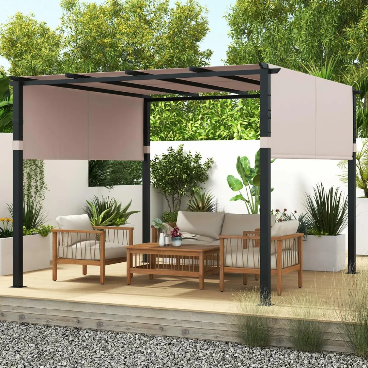 Tangkula 10x10 Ft Pergola, Patio Pergola with 2-Piece Retractable Sun Shade Canopy