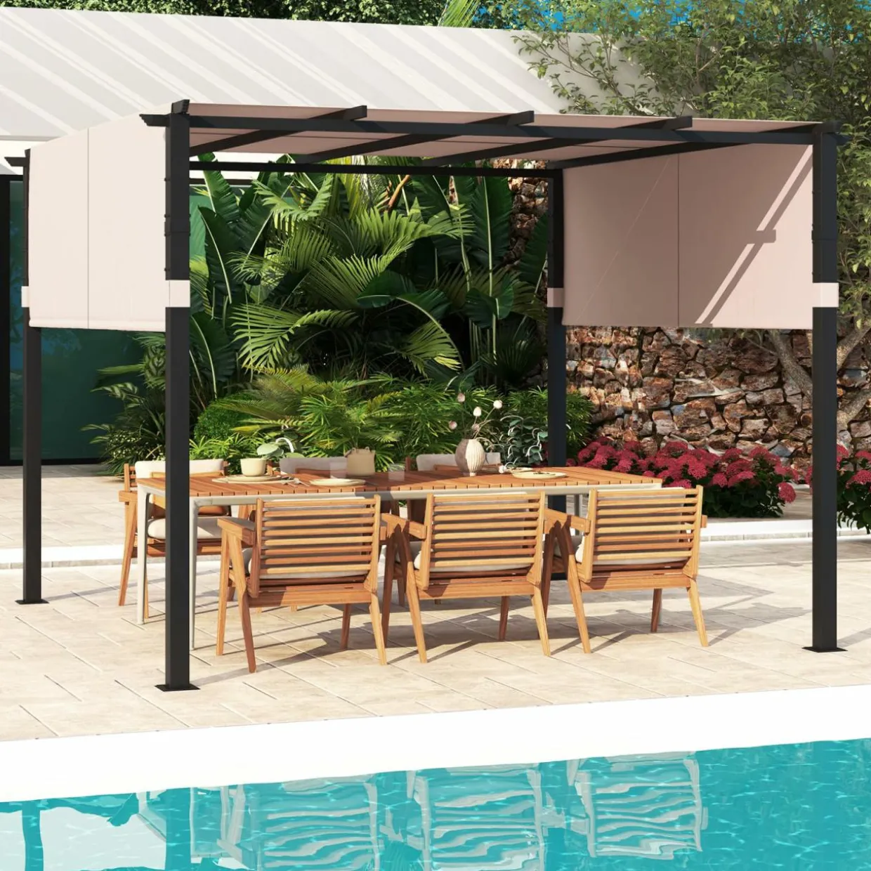 Tangkula 10x10 Ft Pergola, Patio Pergola with 2-Piece Retractable Sun Shade Canopy