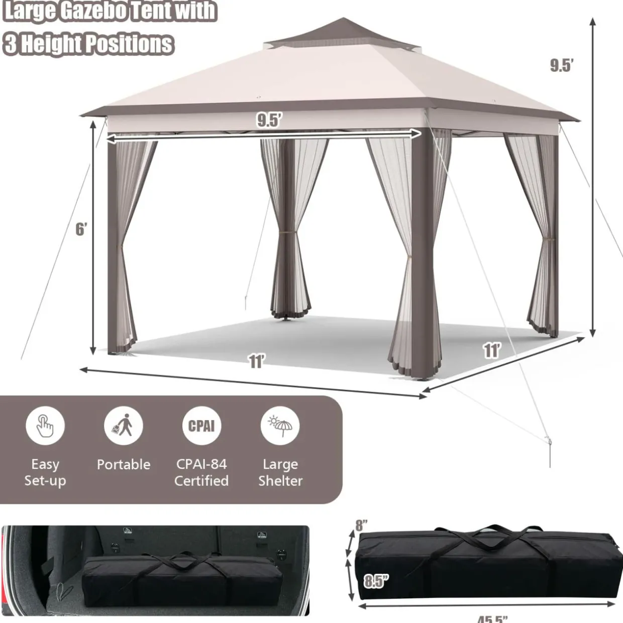 Tangkula 11x11 Ft Pop up Gazebo, 2-Tier Patio Gazebo with Netting, Carry Bag