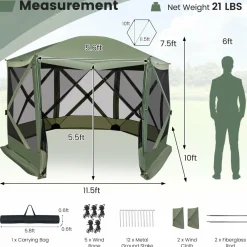 Tangkula 11.5x11.5 Ft Pop Up Gazebo with Netting, Portable Screen Tent with 6 Sided Mesh Walls