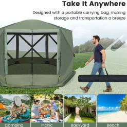 Tangkula 11.5x11.5 Ft Pop Up Gazebo with Netting, Portable Screen Tent with 6 Sided Mesh Walls