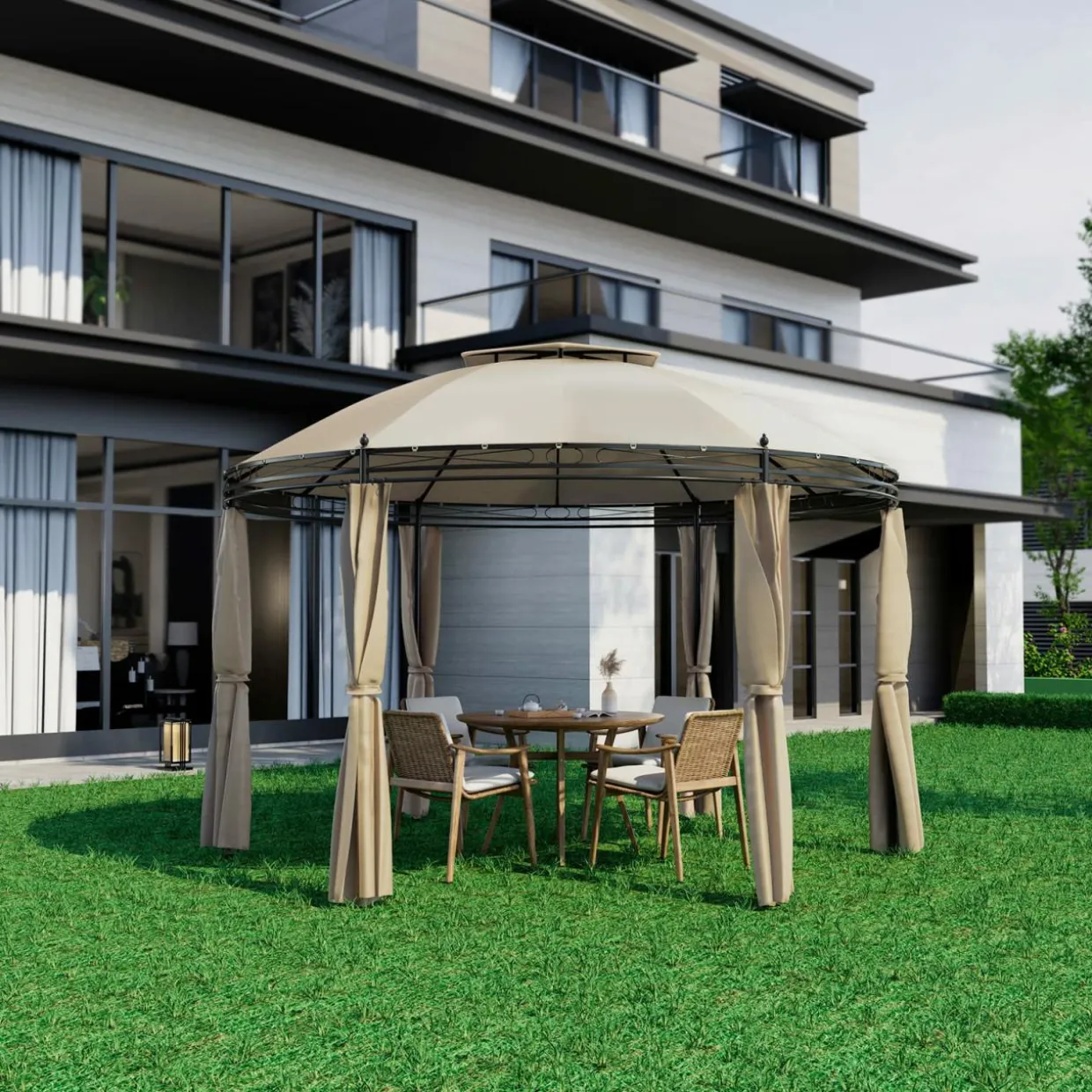 Tangkula 11.5x11.5 ft Round Patio Gazebo, 2-Tier Dome Gazebo with Removable Side Curtains