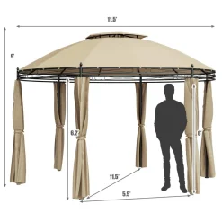 Tangkula 11.5x11.5 ft Round Patio Gazebo, 2-Tier Dome Gazebo with Removable Side Curtains