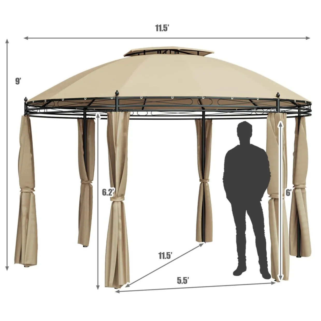 Tangkula 11.5x11.5 ft Round Patio Gazebo, 2-Tier Dome Gazebo with Removable Side Curtains