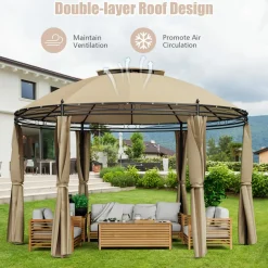 Tangkula 11.5x11.5 ft Round Patio Gazebo, 2-Tier Dome Gazebo with Removable Side Curtains