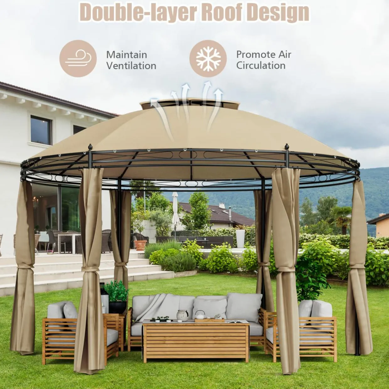 Tangkula 11.5x11.5 ft Round Patio Gazebo, 2-Tier Dome Gazebo with Removable Side Curtains