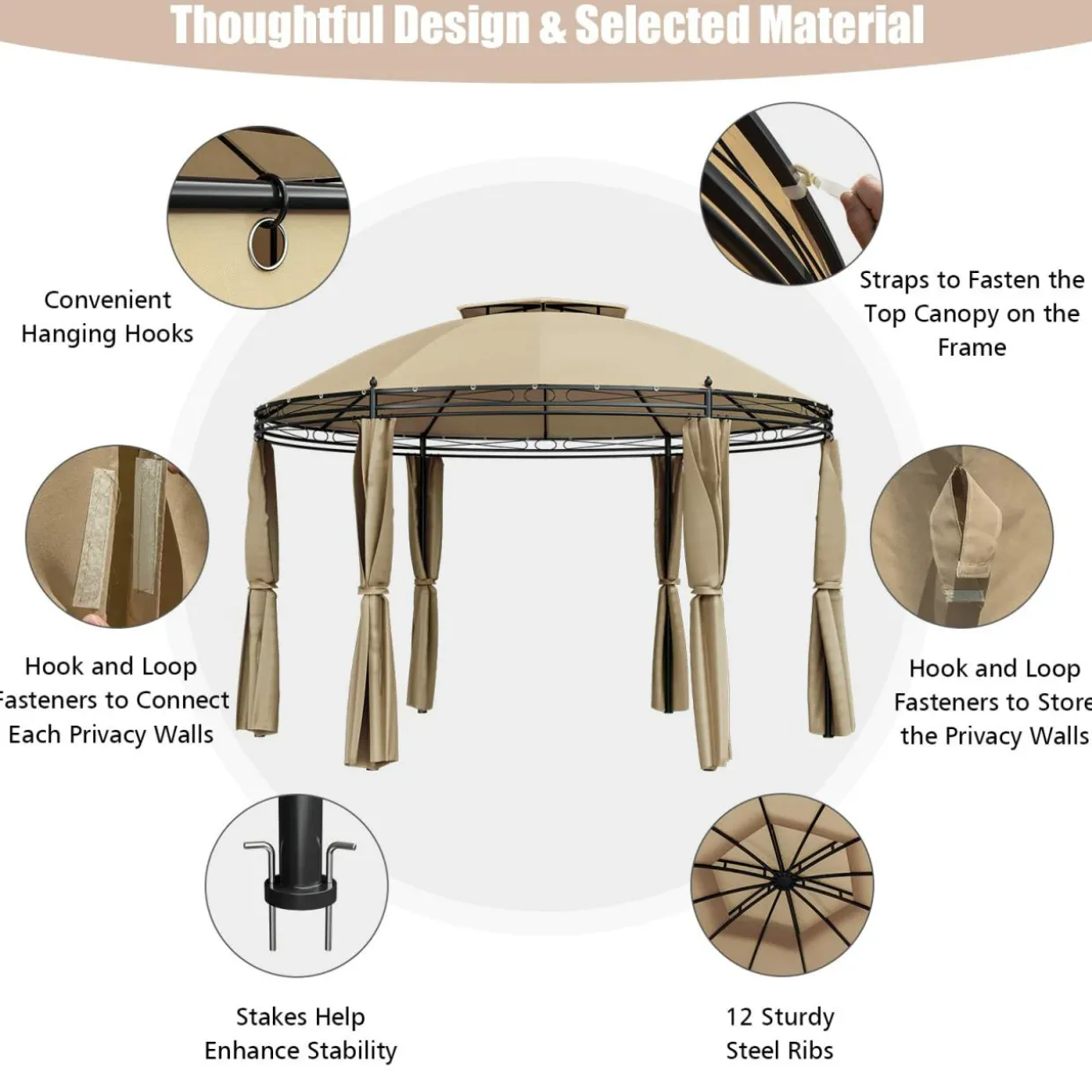 Tangkula 11.5x11.5 ft Round Patio Gazebo, 2-Tier Dome Gazebo with Removable Side Curtains