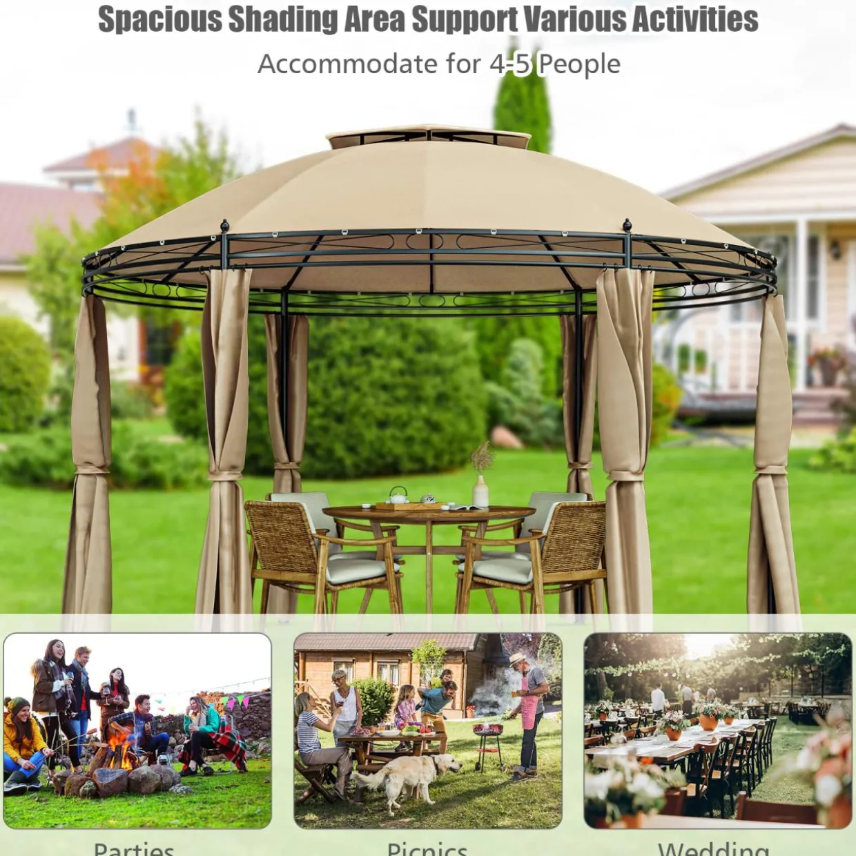Tangkula 11.5x11.5 ft Round Patio Gazebo, 2-Tier Dome Gazebo with Removable Side Curtains