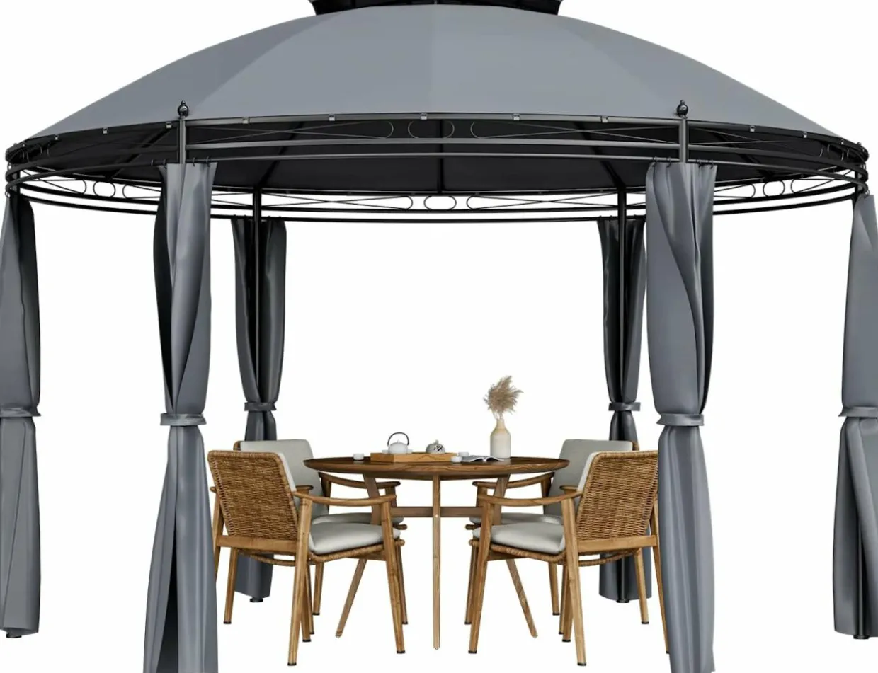 Tangkula 11.5x11.5 ft Round Patio Gazebo, 2-Tier Dome Gazebo with Removable Side Curtains