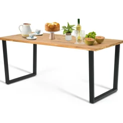 Tangkula 69"x 32"Patio Dining Table, Acacia Wood Rectangle Table with Metal Legs, 2" Umbrella Hole