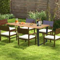 Tangkula 69"x 32"Patio Dining Table, Acacia Wood Rectangle Table with Metal Legs, 2" Umbrella Hole