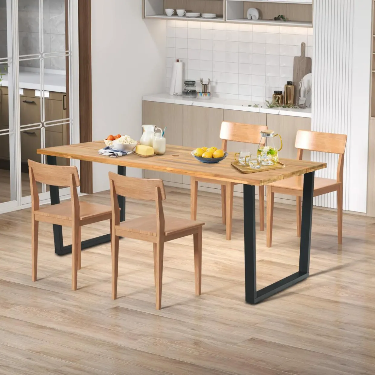 Tangkula 69"x 32"Patio Dining Table, Acacia Wood Rectangle Table with Metal Legs, 2" Umbrella Hole