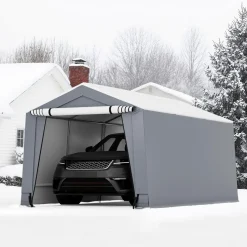 Tangkula 10x16Ft Heavy-Duty Carport, Outdoor Portable Garage with Reinforced Triangular Beams, Galvanized Steel Frame